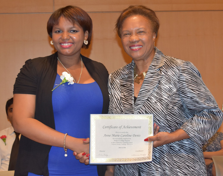 Cambridge Community Learning Center 2016 graduate Anne Marie Caroline Denis with Cambridge Mayor E. Denise Simmons